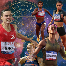 A collage of track stars and the zodiac wheel