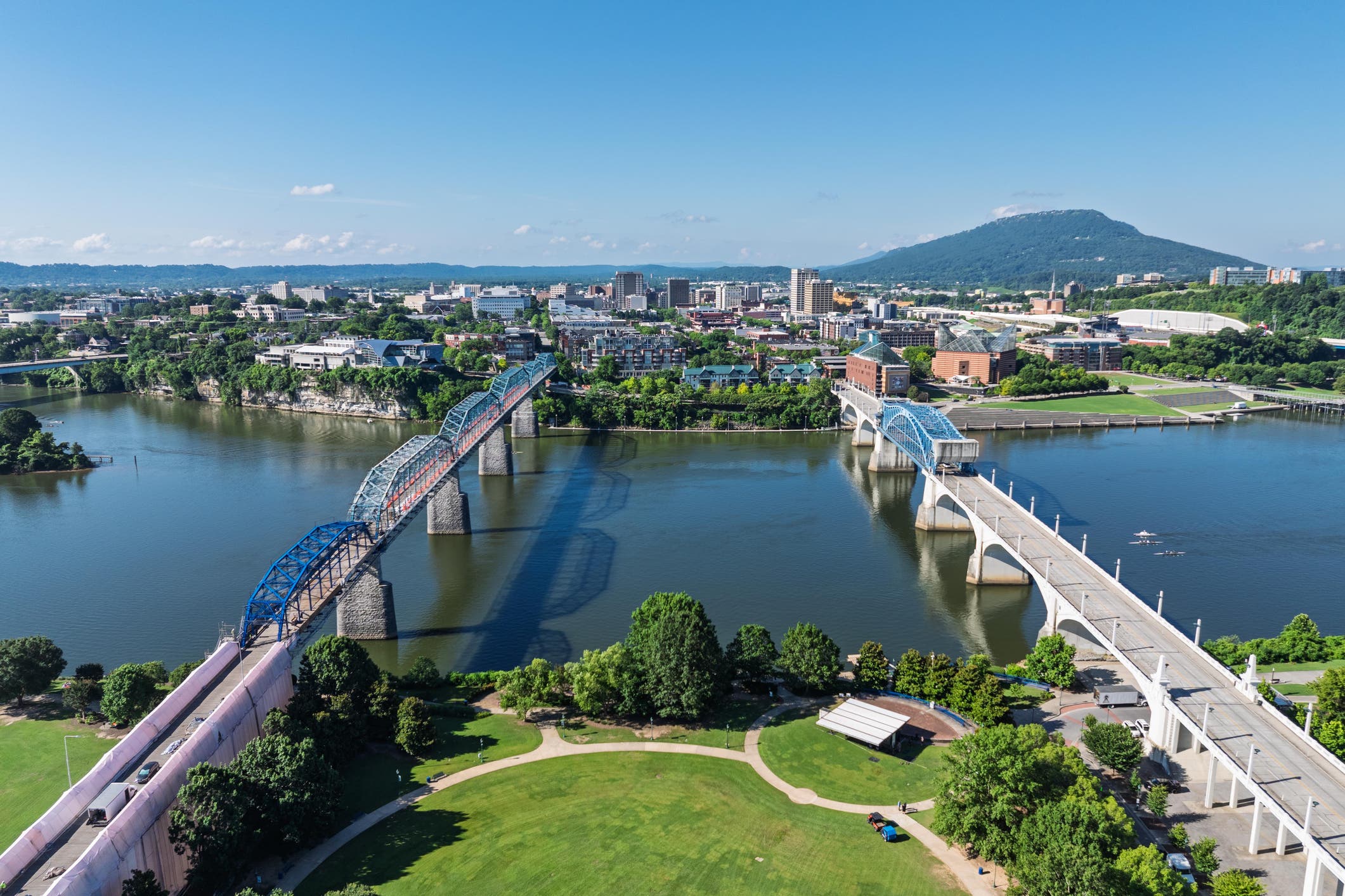 Chattanooga Skyline and Tennessee River with Lookout Mountain in the background. 