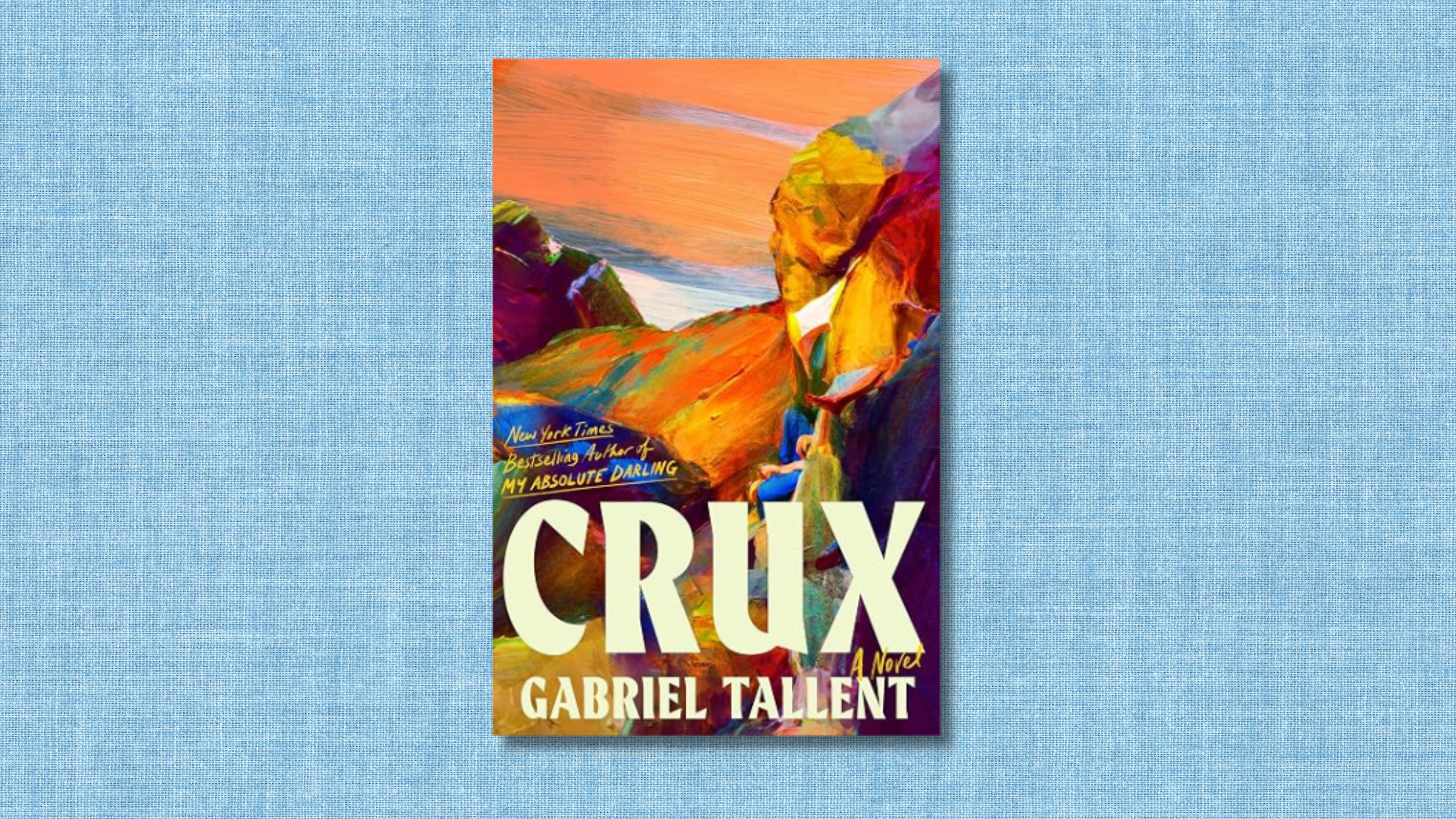 blue textured background with image of Crux book cover with colorful painting of rocks