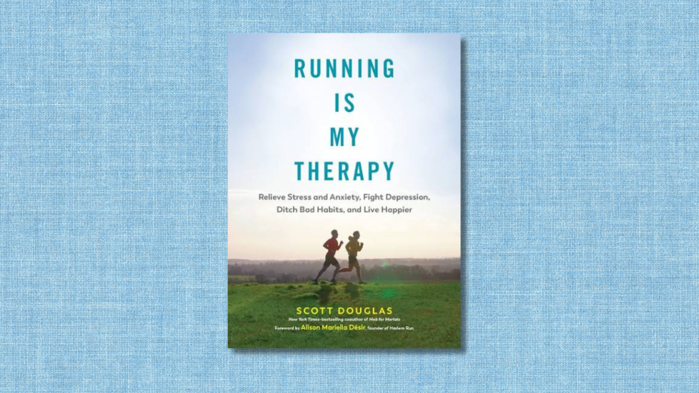 blue textured background with book cover of Scott Douglas book with two runners running on grass with sky in the background