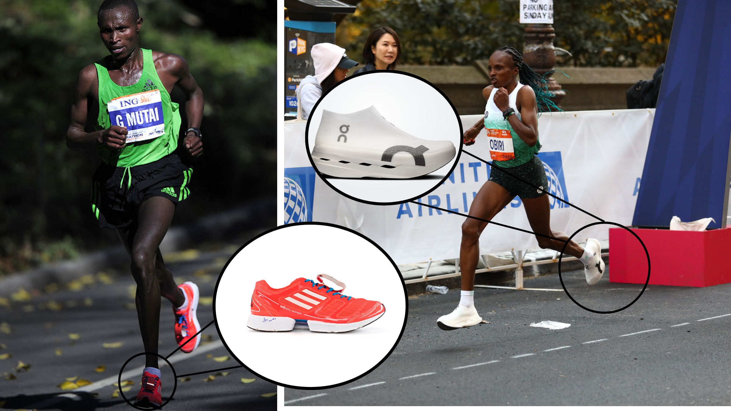 Mutai and Hellen Obiri with pull outs of their really fast shoes